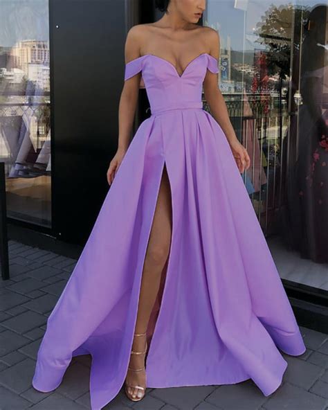 Lilac Slit A Line Satin Formal Evening Dress Prom Party Dresses 2019 P