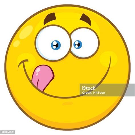 smiling yellow cartoon emoji face character licking his lips stock illustration download image