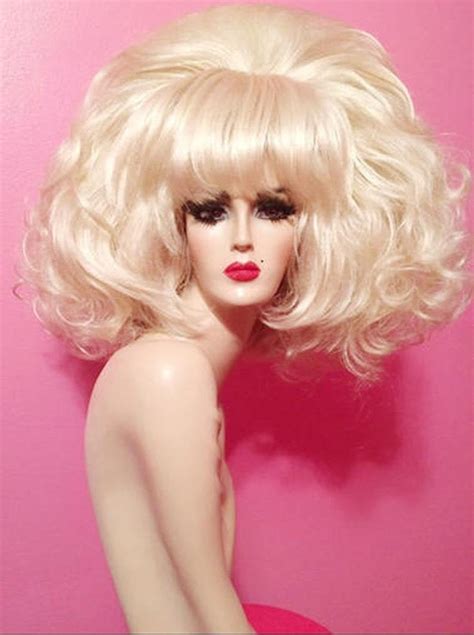lady bunny wig drag queen wig platinum blonde beehive bangs fringe 1960s big hair rupaul black