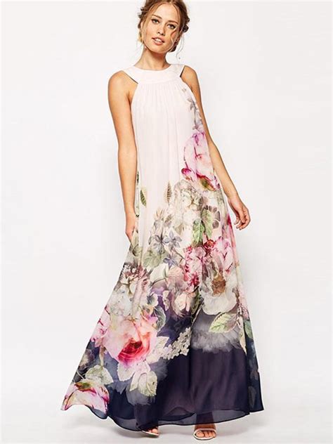 Chiffon Floral Printed Halterneck Sleeveless Maxi Dress Oshoplive