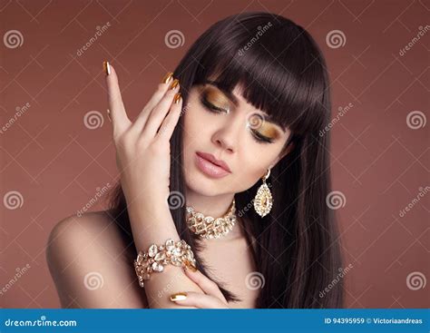 Nails Manicure Beauty Girl Brunette Portrait Fashion Golden Jewelry Women Set Female With