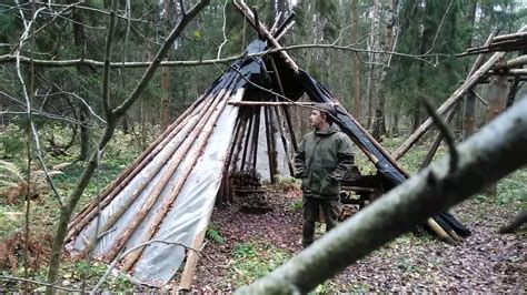 Bushcraft Camp In The Forest New Shelter For Winter Youtube