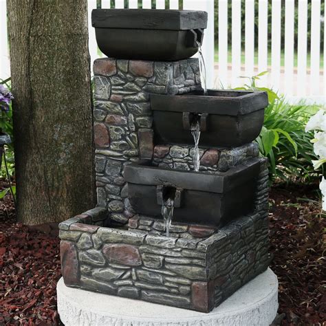 Sunnydaze 4 Tier Stacked Stone Square Bowls Outdoor Water Fountain With