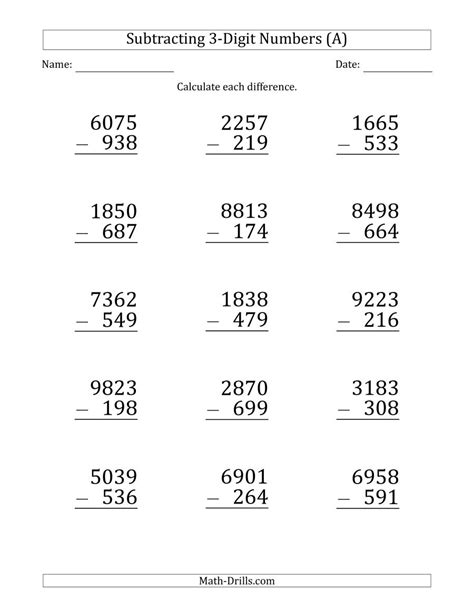 Three digit subtraction without regrouping, three digit subtraction with regrouping. Large Print 4-Digit Minus 3-Digit Subtraction (A)