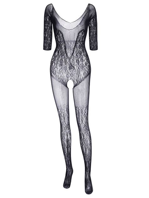 Off Plus Size See Thru Lace Fishnet Bodystockings In Black