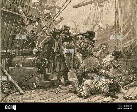 Pirates Boarding A Ship And Overpower The Crew 18th Century Stock