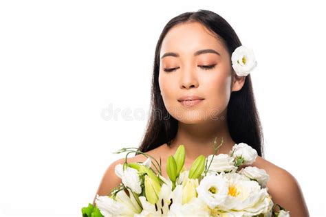 Asian Naked Woman With Flowers And Closed Eyes Isolated On White Stock Photo Image Of Asian