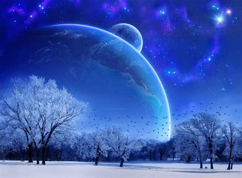 Fantasy Landscape Moon Planet Planets Winter Snow Trees