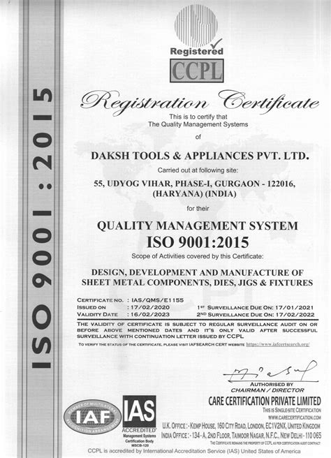 Iso 9001 Certificate Daksh Tools And Appliancesgurugram
