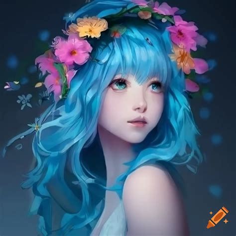 Anime Girl With Blue Hair Holding Colorful Flowers