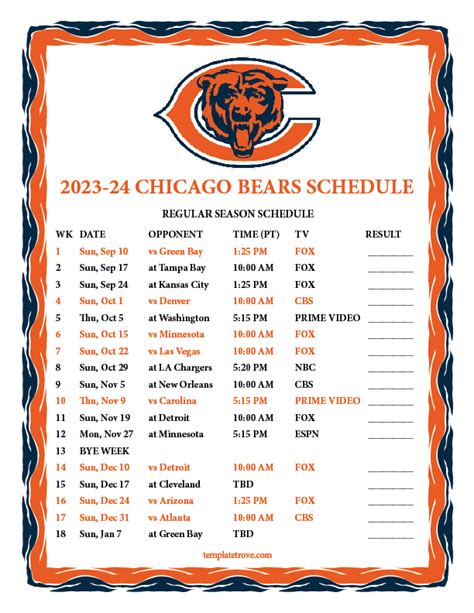 Printable 2023 2024 Chicago Bears Schedule