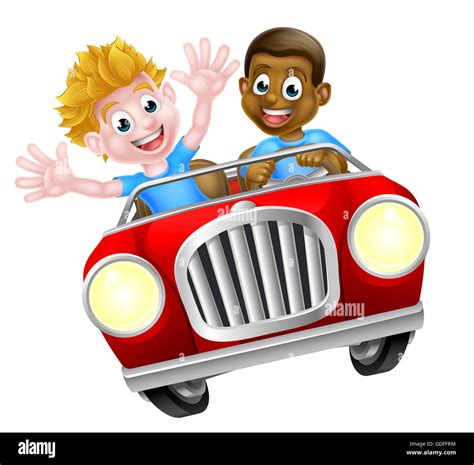Cartoon Boys Driving Fast In A Car On A Road Trip Stock Photo Alamy