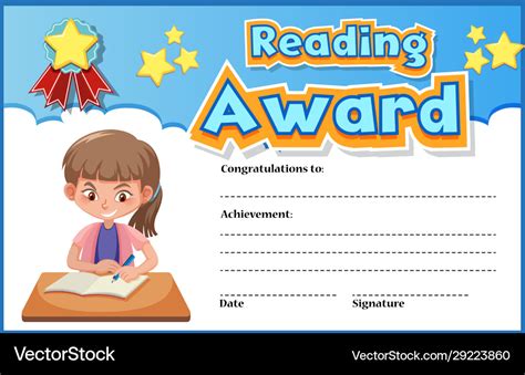 Certificate Template For Reading Award With Girl Vector Image
