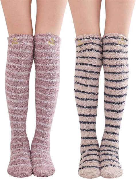 Skola Soft Warm Fuzzy Over The Knee High Long Winter Cozy Slipper Socks Large Amazon