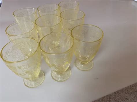 DEPRESSION GLASS Footed Juice Tumblers Yellow Florentine Poppy
