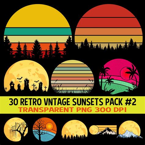 Retro Vintage Sunsets Clipart 30 Pack 2 Png Sunrise Moon Etsy Moon