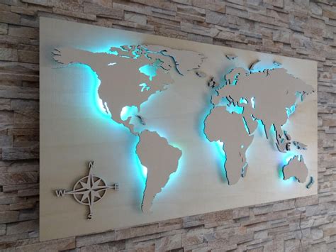 Wood World Map Wall Art Flat Earth Led Wall Hanging Home F15