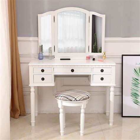 Vanity Set With Tri Folding Mirror And Cushioned Stool Girls Vanity Table With Mirror And Bench