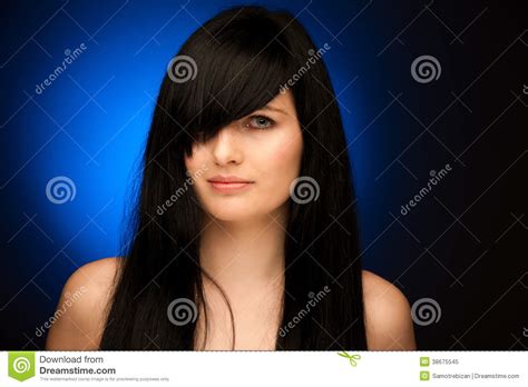 Beauty Portrait Of Beautiful Woman With Black Hair And Blue Eyes Stock