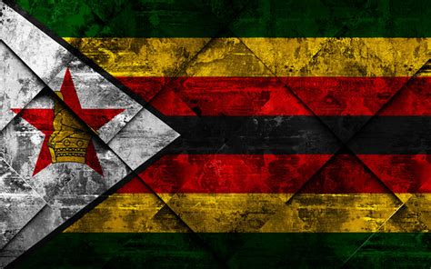 Скачать обои Flag Of Zimbabwe 4k Grunge Art Rhombus Grunge Texture