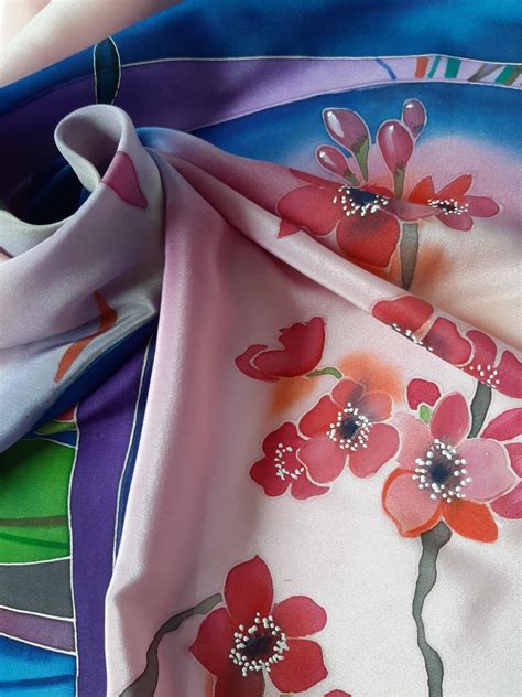 Cherry Blossom Hand Painted Silk Scarf Pink Blue Flower Etsy Canada Silk Scarf Painting