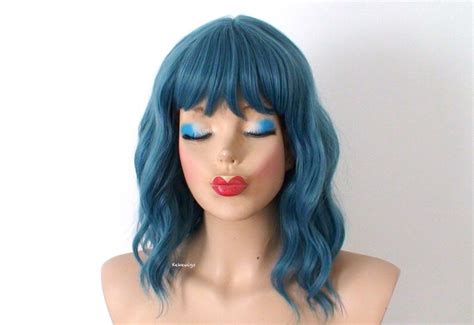 Dark Teal Blue Wig 16 Wavy Hair Wig With Bangs Heat Etsy