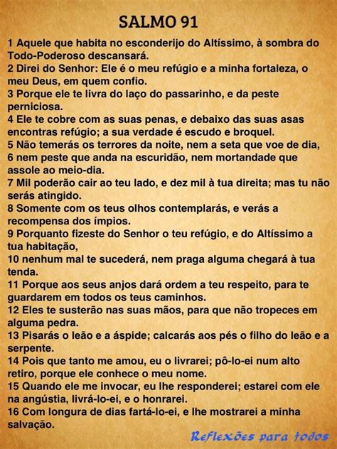 Salmo 91, también conocido como salmos 91, o como salmo 91 cristiano, es conocido mundialmente como el salmo más importante de la biblia. Acesse "SALMO 91", com foto mensagem do Cristo Redentor ...
