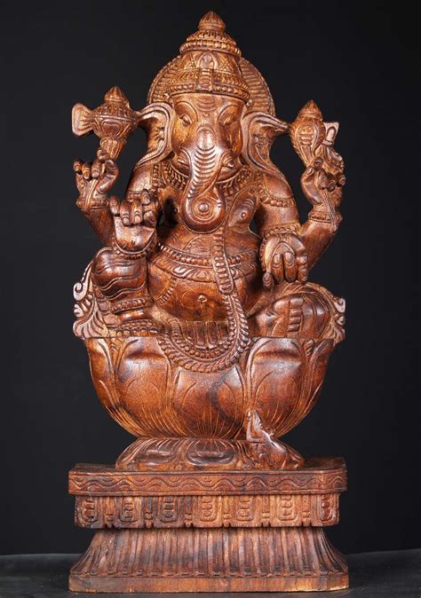 Sold Wood Ganesh Statue Seated On Lotus 24 76w1fu