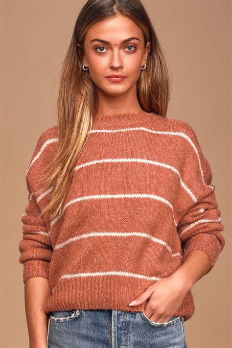 Rust Red And White Striped Sweater Knit Sweater Boxy Sweater