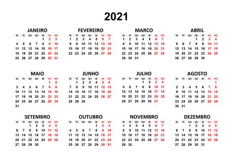 Calendário 2021 Calendarios365su
