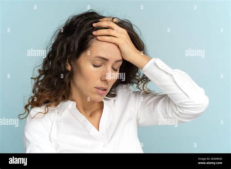 Tired Frustrated Business Woman Office Worker Sighing Wiping Sweat Of Forehead Has Emotional