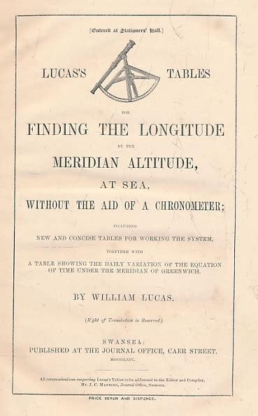 Lucass Tables For Finding The Longitude By The Meridian Altitude At