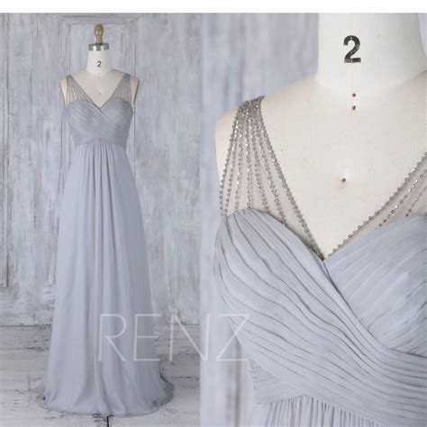 2017 Gray Chiffon Bridesmaid Dress Bead Straps Wedding Dress Ruched