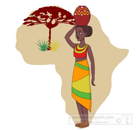 Africa African Woman Holding Pot On Head With Map Of Africa Clipart