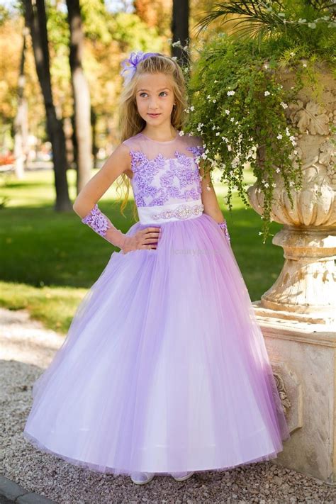 Beautiful Long Sleeves A Line Lilac Tulle Appliques Flower