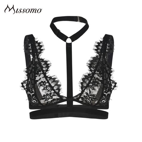 missomo sexy black lace bra women halter cut out semi sheer push up bralettes lady cross straps