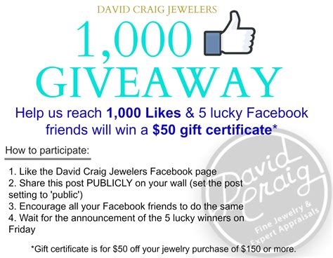 1000 Likes Facebook Giveaway Win A 50 T Certificate David