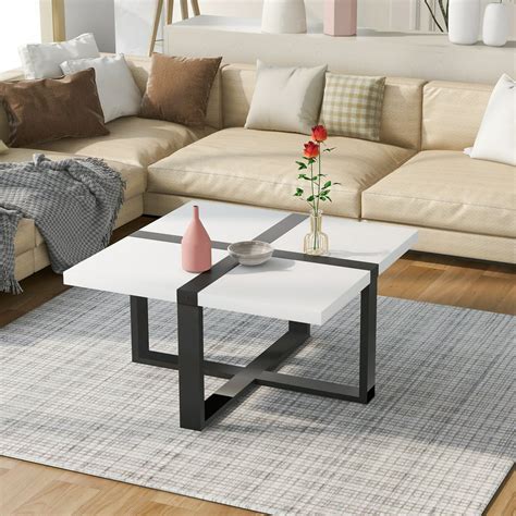 Modern Coffee Table With Crossed Shape Metal Frame Square Coffee Table