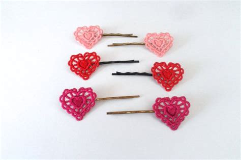 Lace Heart Hair Pins Pair Bridal Wedding Valentines Day Lace