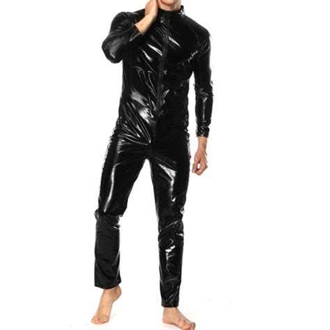 men sexy wetlook faux leather latex catsuit bodysuit hot erotic lingerie zentai gay fetish wear