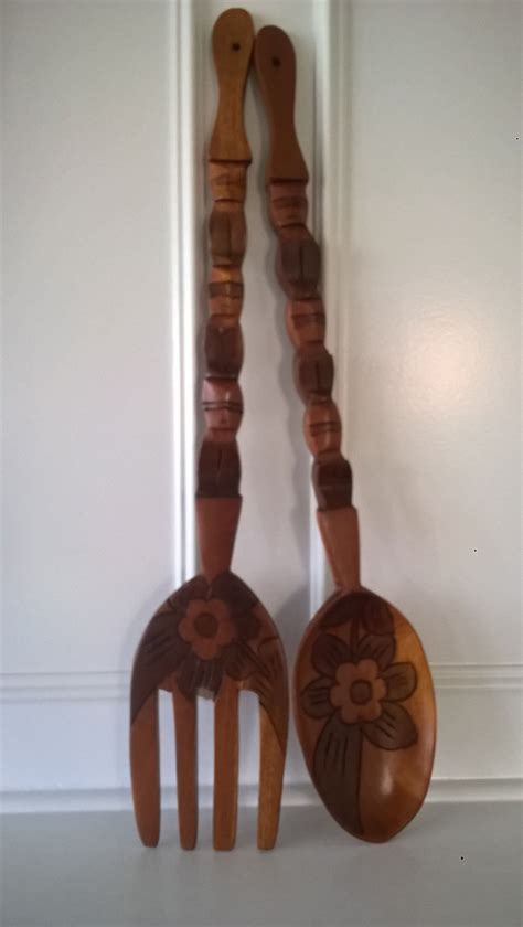 Vintage Extra Large Wood Fork And Spoon Wall Decor Retro Etsy