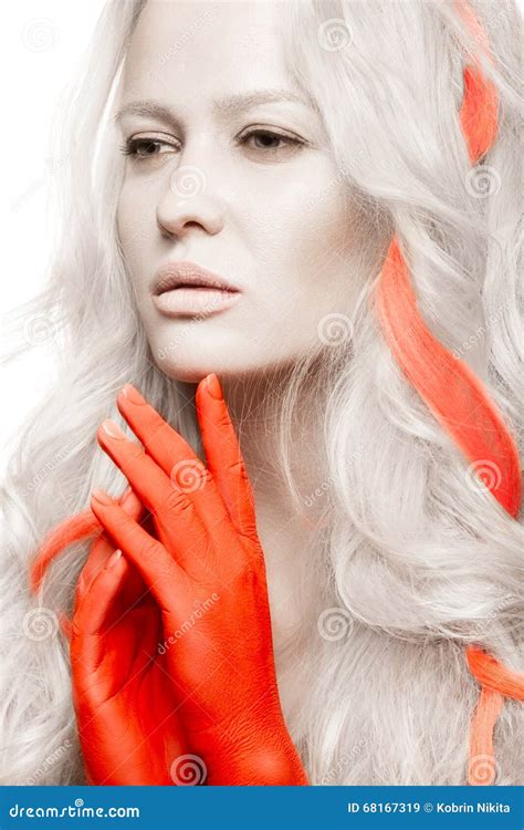 Art Fashion Girl With White Skin In Form Of Albinos Red Arms And Lock
