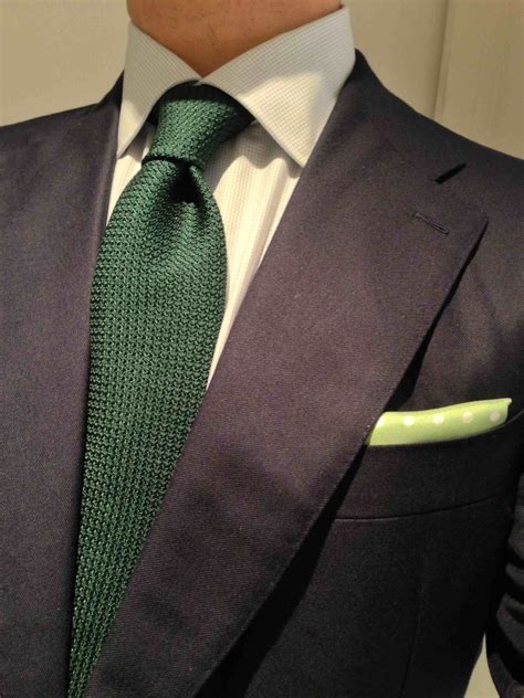 Navy Suit White Shirt Hunter Green Tie And Lime Colored Pocket