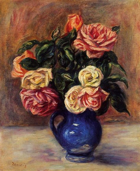 Roses In A Blue Vase — Pierre Auguste Renoir