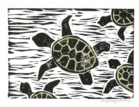 Sea Turtle Linocut 7x5 Original Reptile Block Print Black Etsy