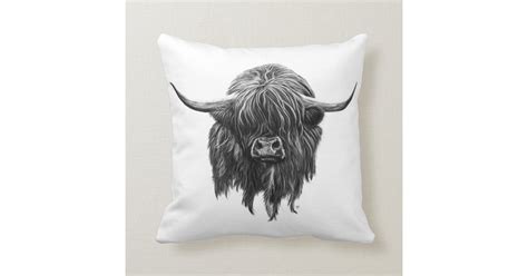 Scottish Highland Cow In Black And White Throw Pillow