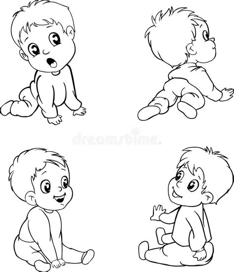 Sentado Y Gateando Dibujos Animados Sonriendo Bebé Ilustración Del