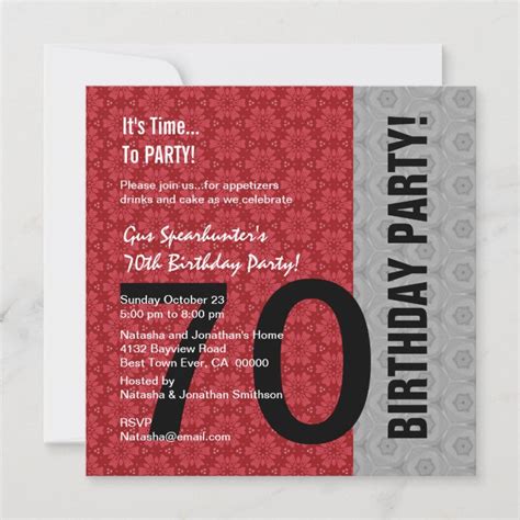 70th Birthday Modern Red Silver Black Funny D848 Invitation Zazzle