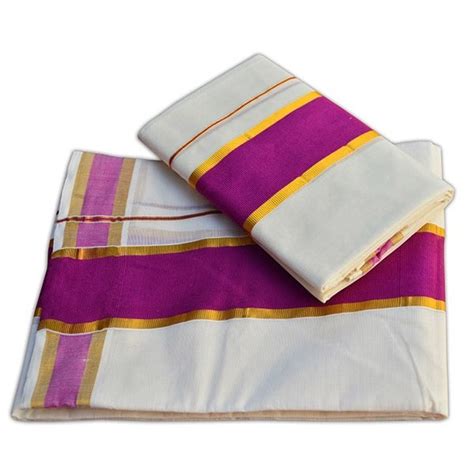 Kerala Pure Cotton Extra Length Settu Mundu With Lavender Polka Dots