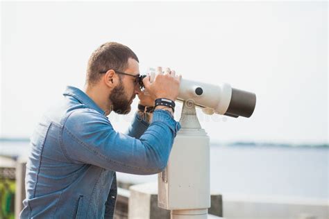 Trendy Male Person Look In Binocular Telescope Stock Image Image Of